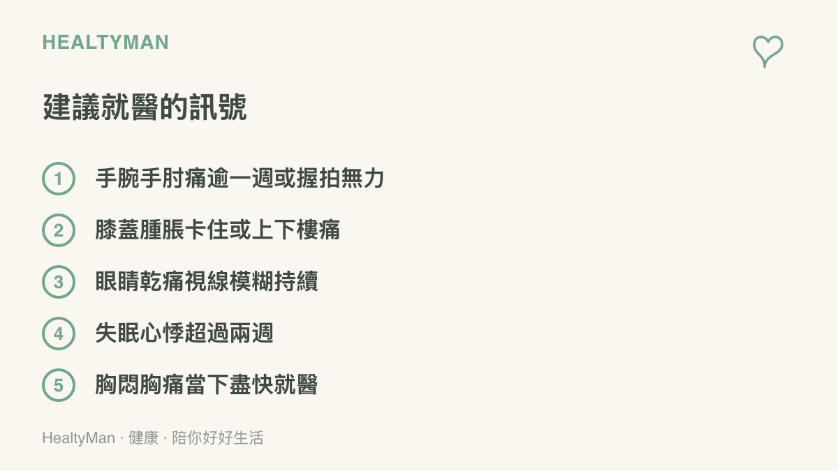 清單列出五種建議就醫的訊號，包含手腕手肘痛逾一週、膝蓋腫脹、視線模糊、失眠心悸與胸悶胸痛