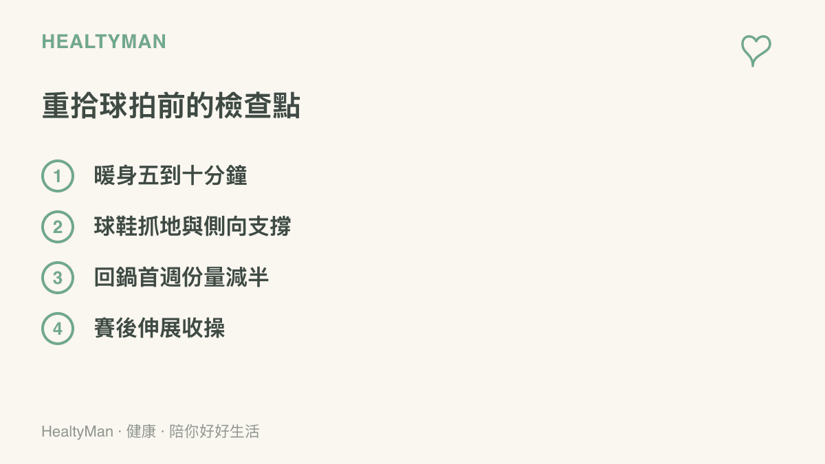 圖卡列出重拾球拍前的四項檢查：暖身時間、球鞋支撐、首週份量與賽後收操