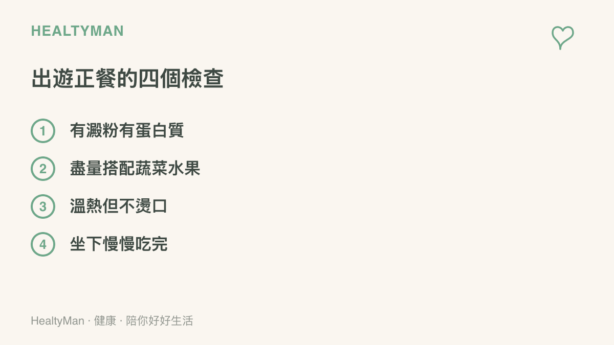 清單圖列出出遊正餐的四個檢查項目，包括澱粉與蛋白質都要有、盡量搭配蔬菜水果、食物溫熱但不燙口，以及坐下來慢慢喫完再繼續行程