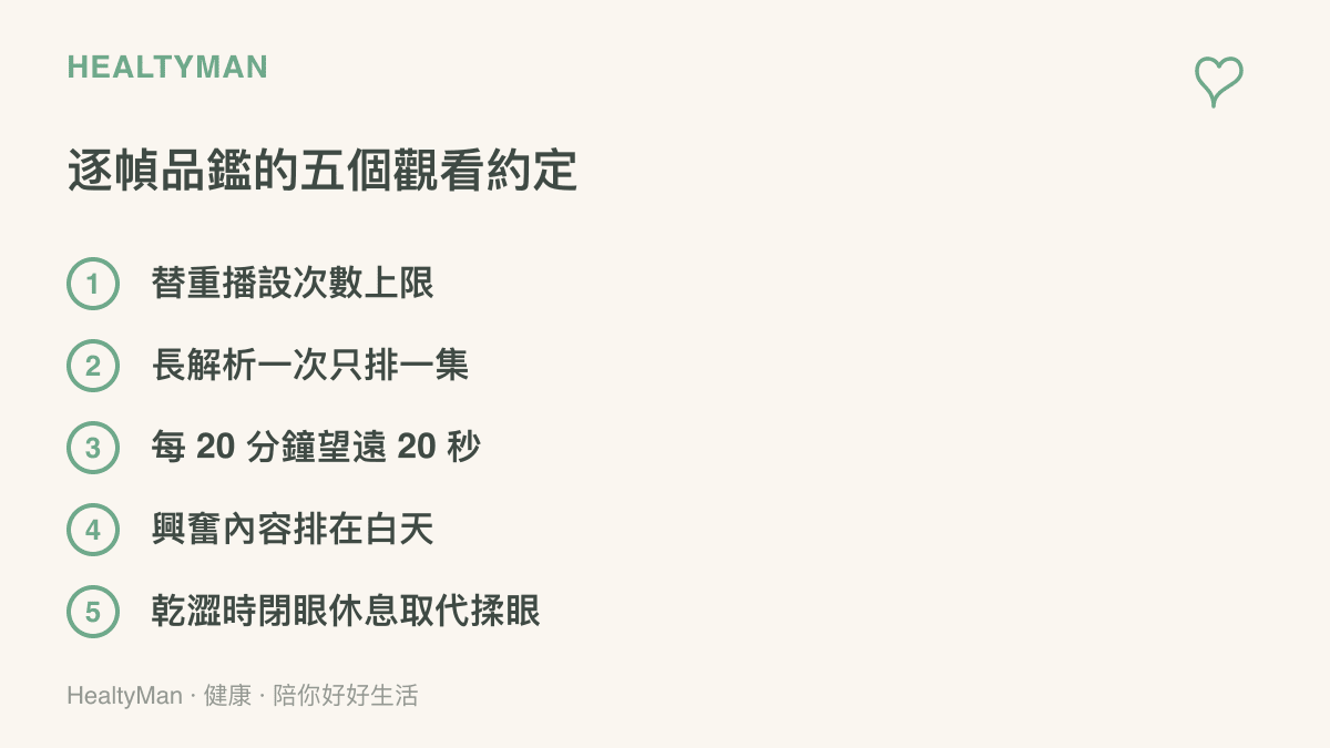 清單圖卡列出五個觀看約定：替重播設次數上限、長解析一次只排一集、每 20 分鐘望向遠處 20 秒、興奮內容排在白天、眼睛乾澀時以閉眼休息取代揉眼睛