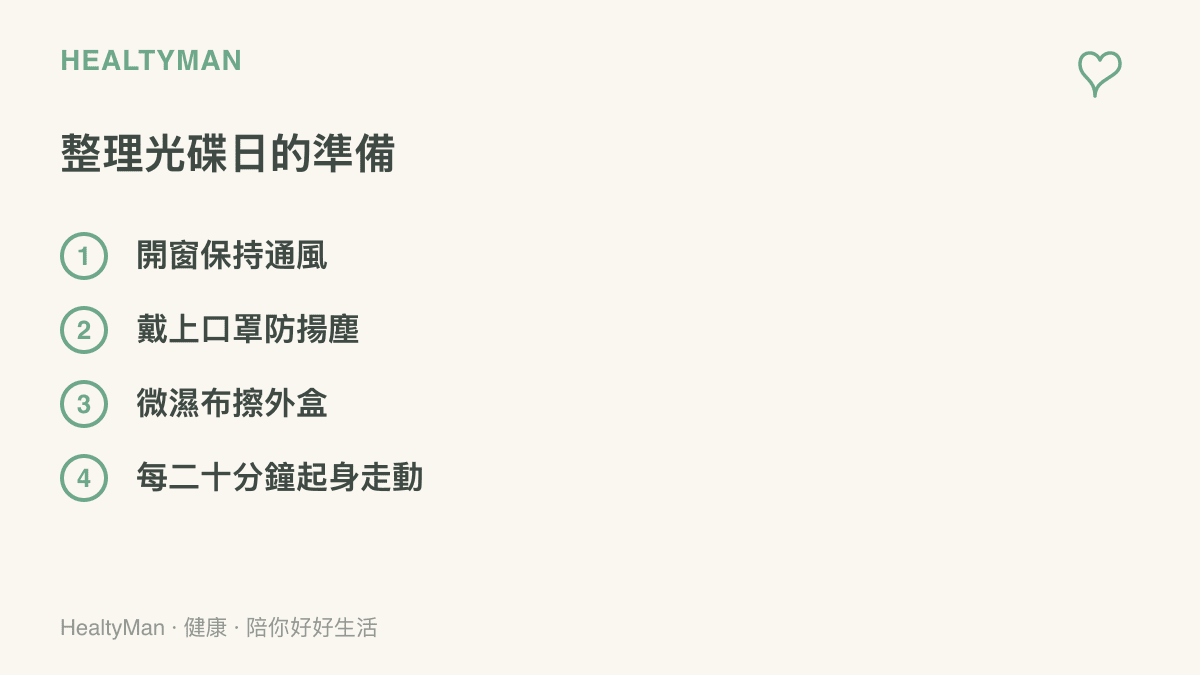 整理舊光碟當天的準備項目：開窗通風、戴口罩、用微濕布擦拭外盒，以及每二十分鐘起身活動