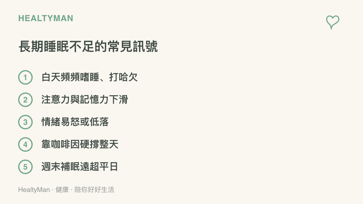 列舉長期睡眠不足的五個常見訊號：白天頻頻嗜睡打哈欠、注意力與記憶力下滑、情緒易怒或低落、需要大量咖啡因硬撐，以及週末補眠時間遠超平日
