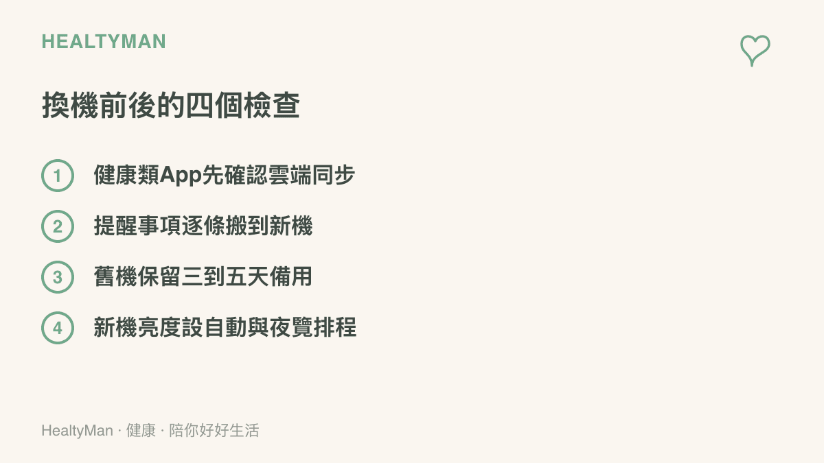 清單圖卡列出換機前後的四個檢查項目：健康類App雲端同步、提醒事項逐條搬移、舊機保留三到五天備用、新機亮度自動與夜覽排程