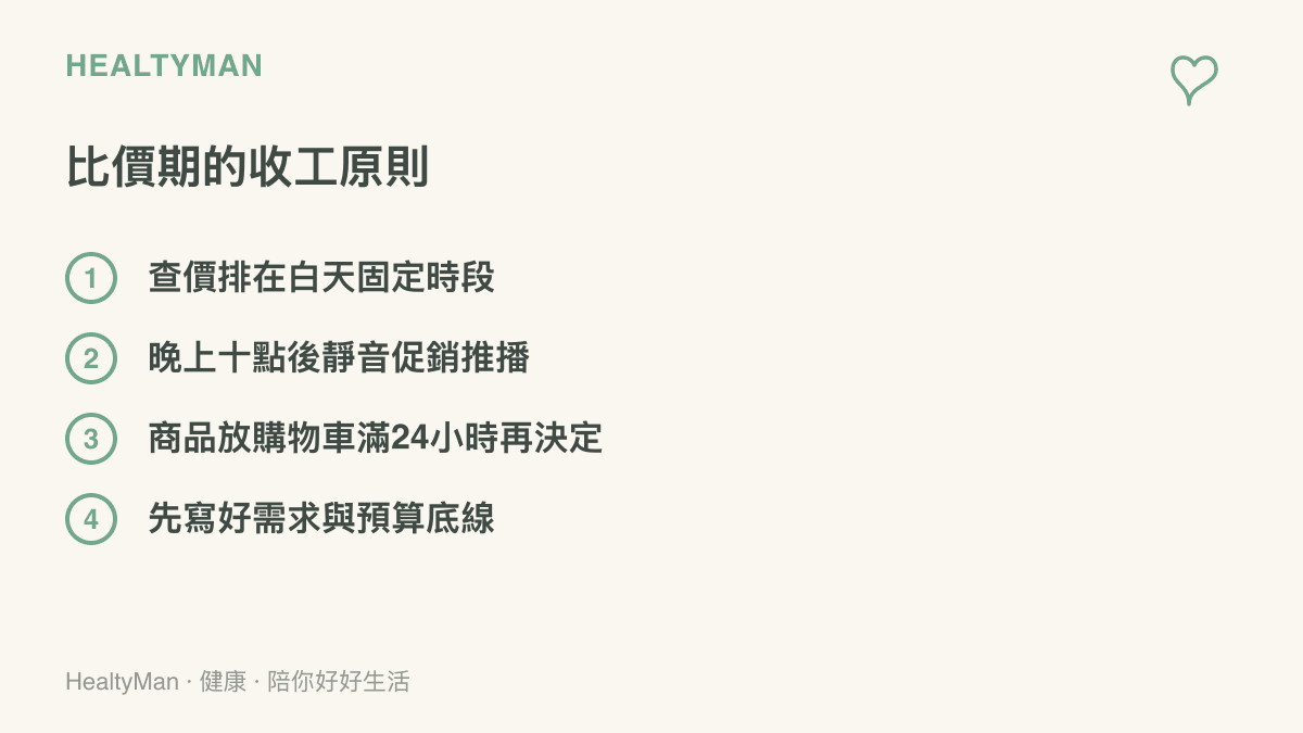 清單列出手機比價期間的四個做法：白天固定時段查價、晚間靜音促銷推播、商品放置二十四小時再決定、事先寫好需求與預算底線