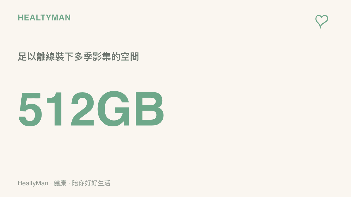 數據圖呈現512GB儲存容量相當於可離線下載多季影集與大量影片的觀看份量