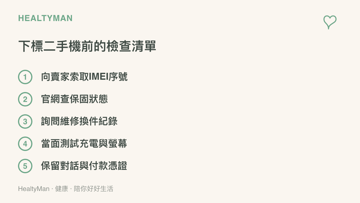 清單圖卡列出購買二手手機前的五項檢查，包括索取序號查保固、詢問維修換件紀錄、當面測試充電與螢幕，以及保留對話和付款憑證