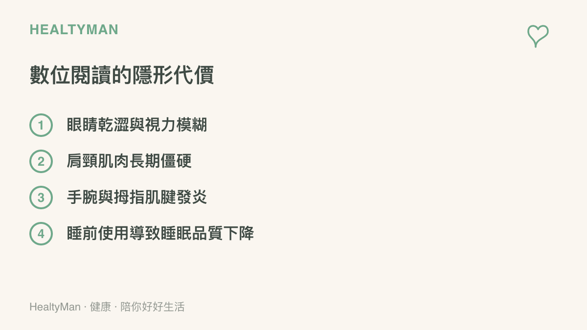 清單圖卡列舉出長時間使用手機查詢字典或閱讀時，常見的眼睛乾澀、肩頸僵硬、手腕發炎與睡眠受損等四項隱形健康代價