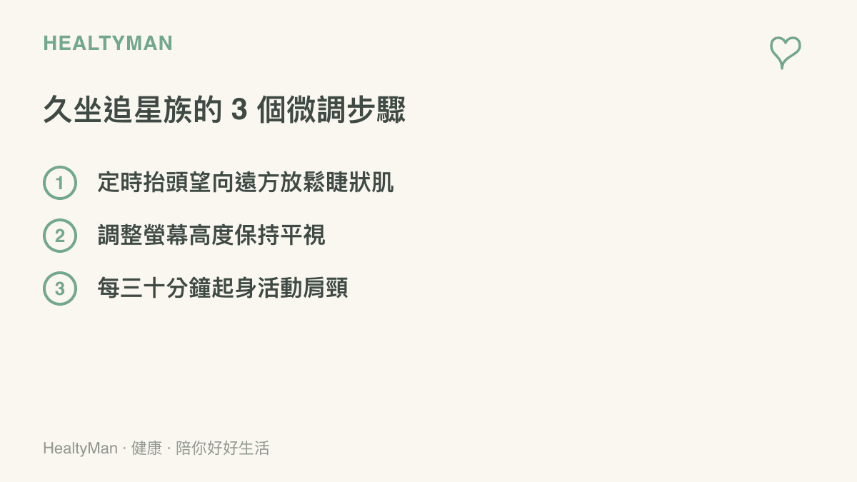 列出久坐看螢幕的讀者可以採取的三個微調步驟包含遠望平視螢幕與定時起身活動
