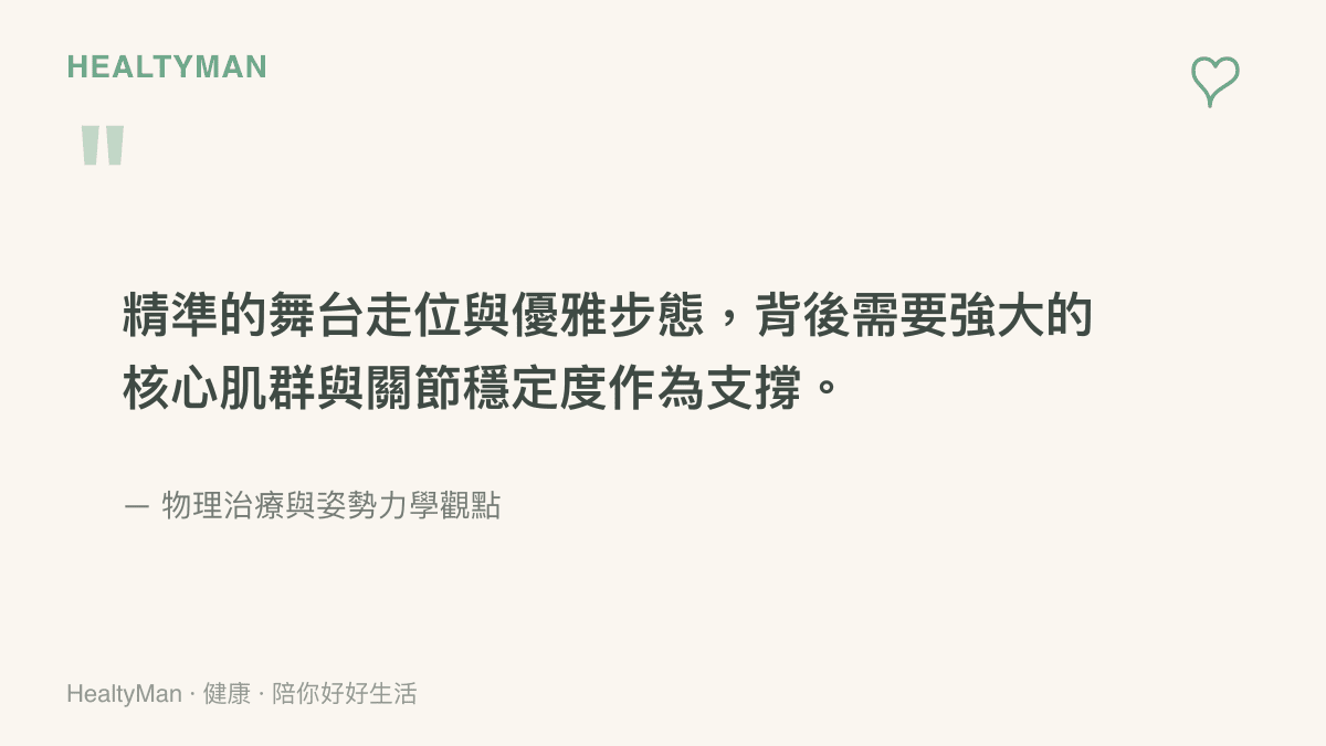 引述舞者與明星維持優雅走位背後需要強大的核心肌羣與關節穩定度作為支撐的觀點