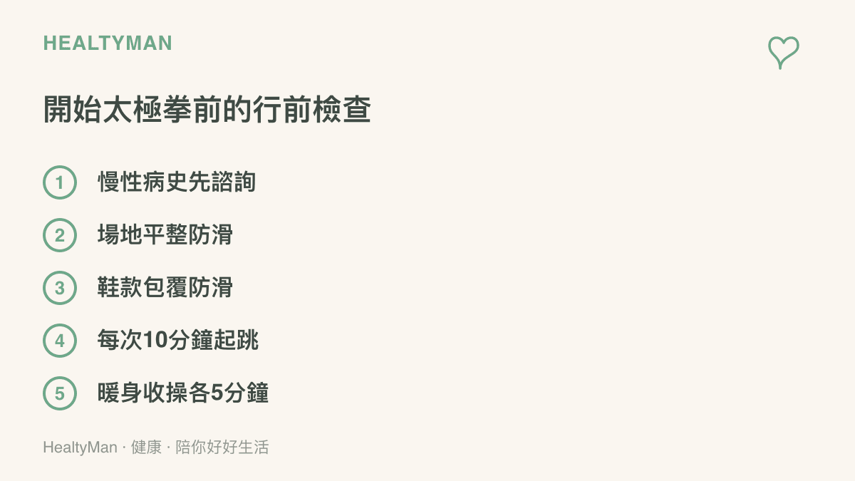 清單圖卡列出開始練太極拳前的五項檢查，包含慢性病諮詢、場地與鞋款選擇、短時間起步及暖身收操
