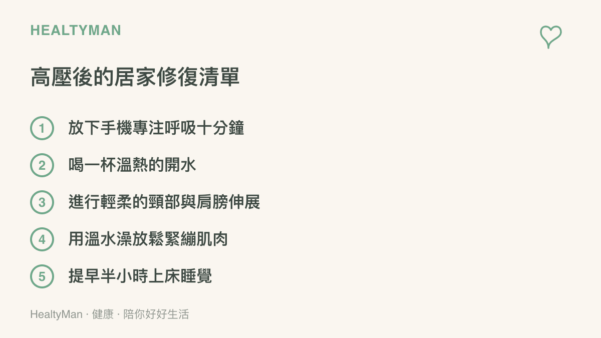 一個包含五項居家自我照護步驟的清單，例如呼吸、喝溫水與輕柔伸展，幫助緩解高壓後的疲勞。