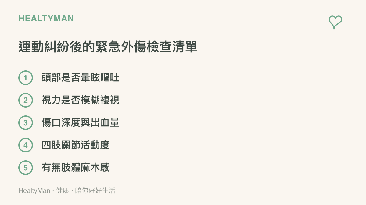 一張列出運動衝突受傷後需要檢查的五個外傷警訊清單，包含頭部暈眩、視力模糊、傷口深度、關節活動與肢體麻木。