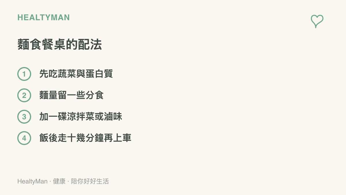 清單圖列出麵食餐桌的四個調整方法：先喫蔬菜與蛋白質、麵量留一些分食、加點涼拌菜或滷味、飯後走十幾分鐘再上車