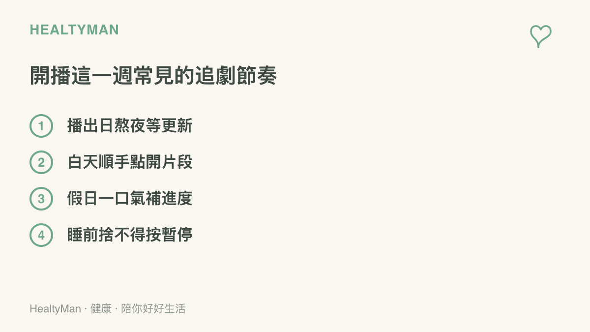 清單列出開播週常見的四種追劇節奏：播出日熬夜等更新、白天順手點開片段、假日一口氣補進度、睡前捨不得按暫停