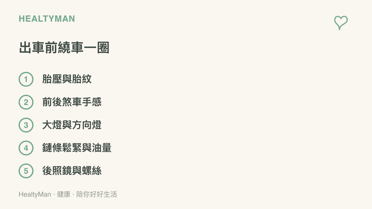 清單圖列出騎士出發前繞車檢查的五個項目，包括胎壓胎紋、煞車手感、頭燈方向燈、鏈條與油量、後照鏡與螺絲