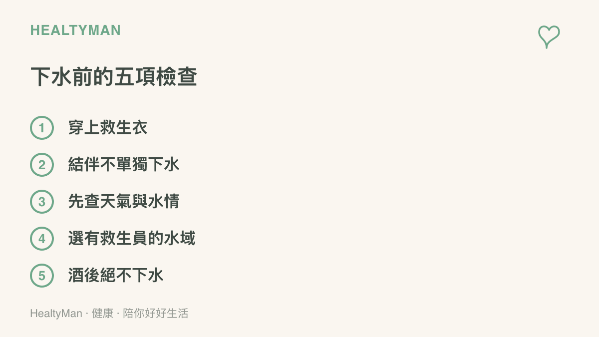 水域活動出發前的五項檢查，包含穿救生衣、結伴同行、確認天氣與水情、選擇有救生員駐守的水域，以及飲酒後不下水