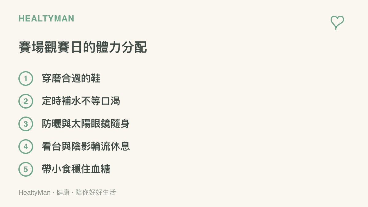 賽場觀賽日的五個體力分配要點，包含選鞋、定時補水、防曬配備、輪流坐下休息與隨身小食