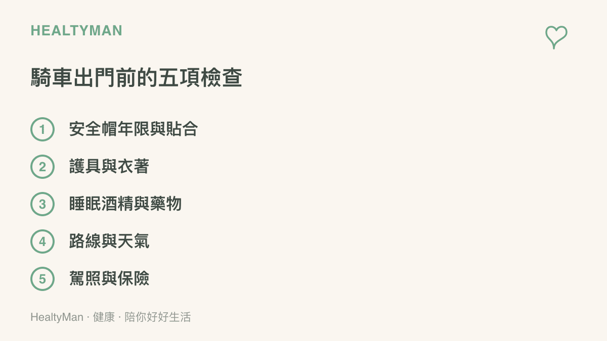 清單列出機車騎士出門前的五項檢查：安全帽年限與貼合度、護具與衣著、睡眠酒精與藥物狀態、路線與天氣、駕照與保險