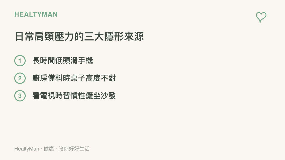 列表顯示造成日常肩頸壓力的三個主要原因，包含低頭用手機、廚房桌面高度不當以及沙發坐姿不良