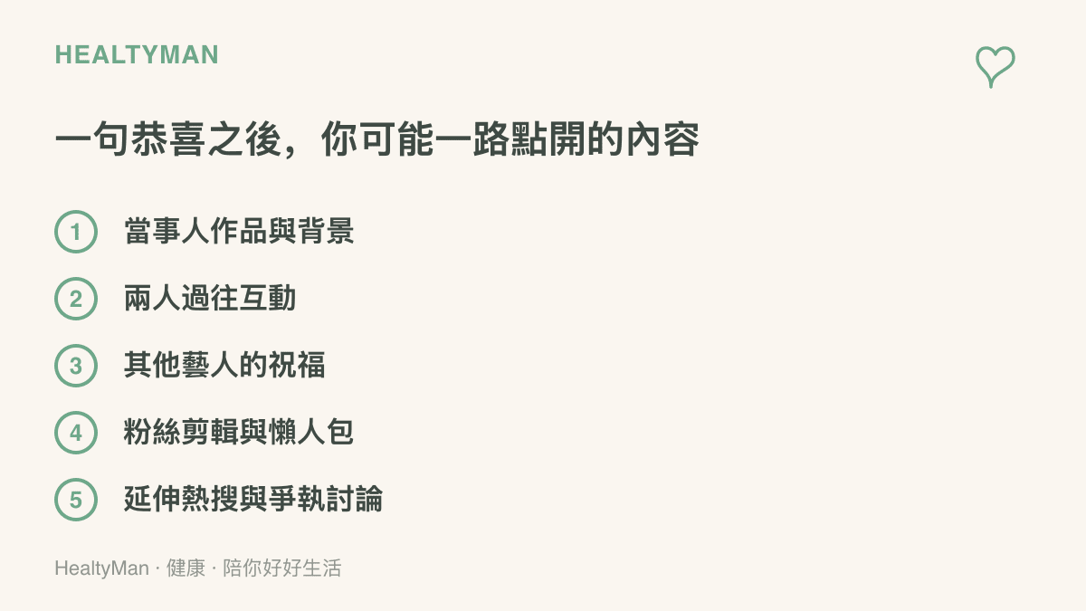 清單圖列出一則明星喜訊熱搜常見的連環點開路徑，從當事人作品與背景、兩人過往互動、其他藝人祝福，一路延伸到粉絲剪輯與爭執討論