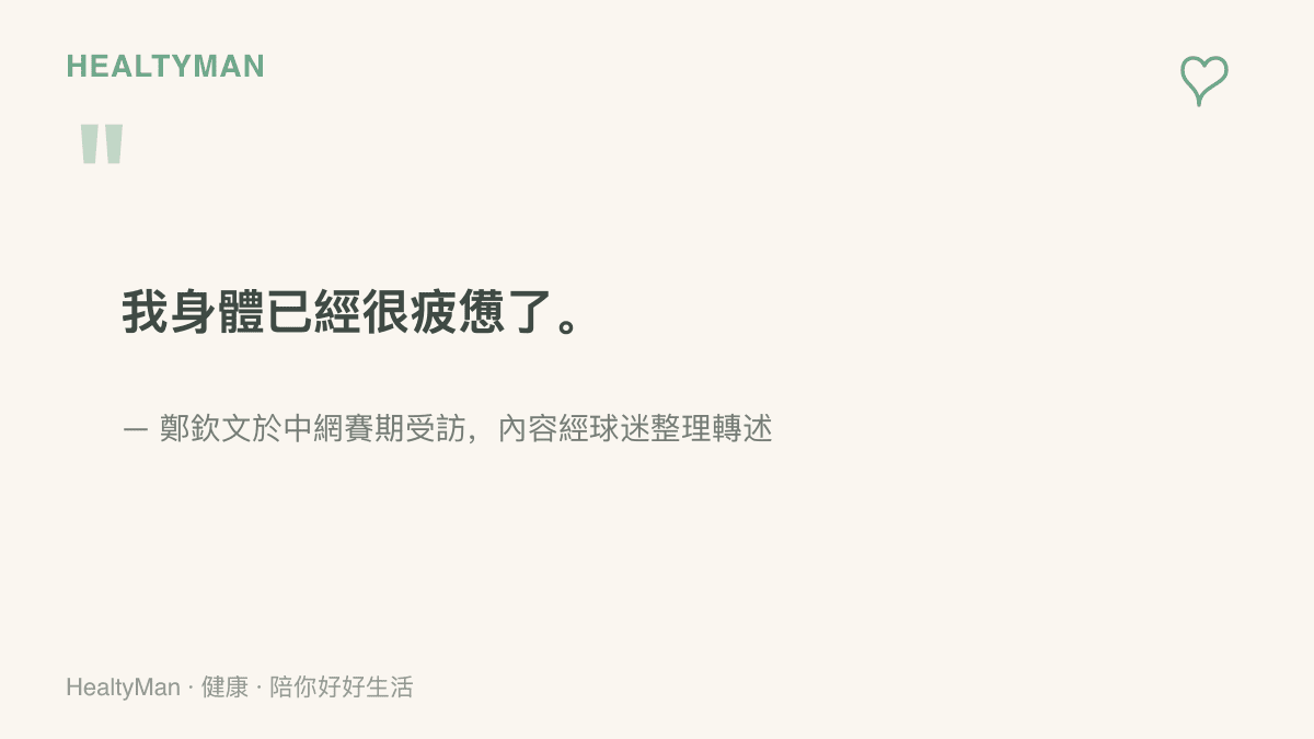 圖卡引用鄭欽文在中網賽期自述身體已經很疲憊的一句話，出自她受訪後由球迷整理轉述的內容