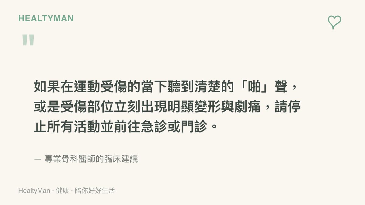 引述骨科醫師關於運動傷害警訊的臨牀建議，提醒讀者聽到啪聲或出現變形時必須立即就醫