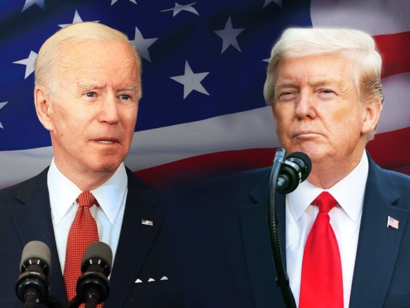 美國總統拜登（左）和前總統川普（右）將在11月總統大選再度對決。（中央社製圖）