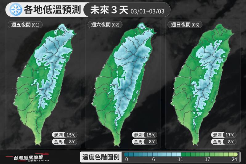 今天至周日的逐日低溫預報圖。圖／取自「台灣颱風論壇｜天氣特急」粉專
